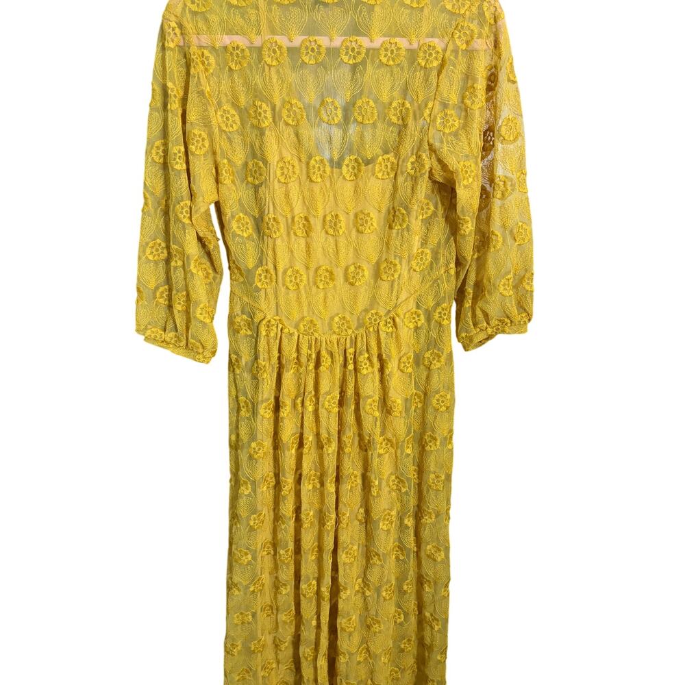 Elestory Yellow Lace Maxi Dress Boho Floral Embroidered Sheer Overlay M - Picture 2 of 7